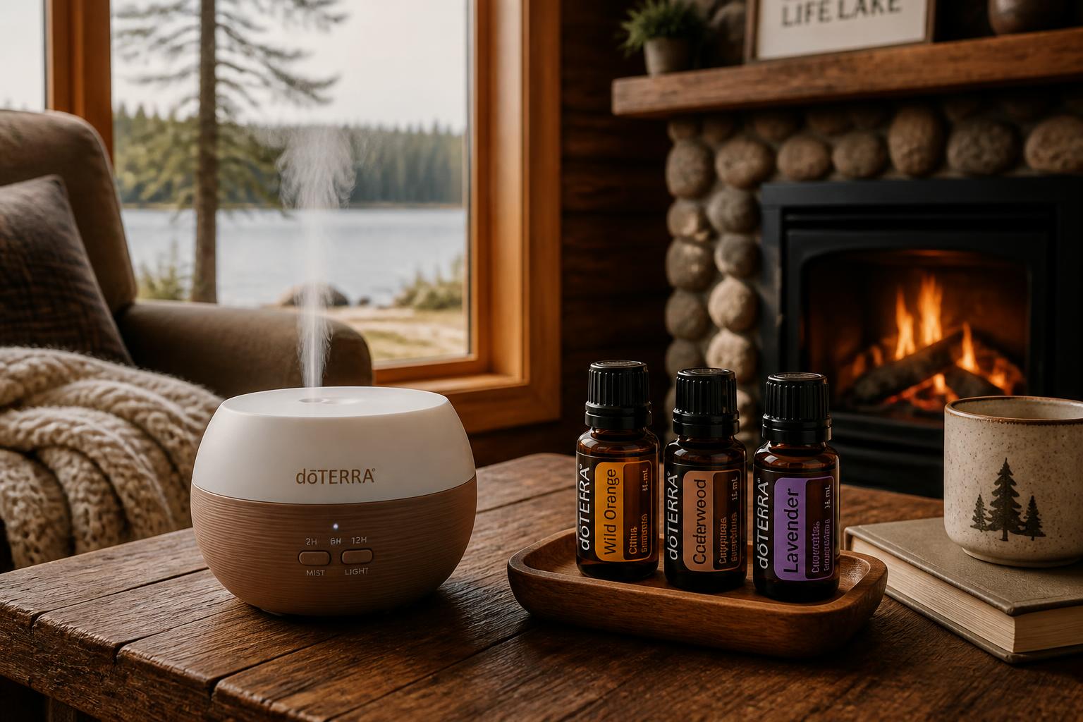 A cozy cabin scene with an essential oil diffuser by the window